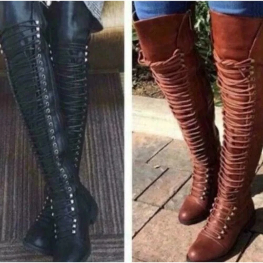 Brown Lace-Up Knee-High Boots